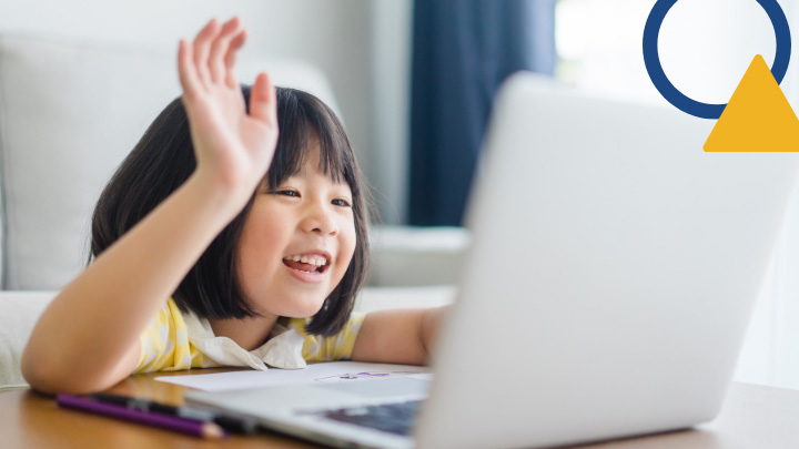 Student raising hand in front of laptop
