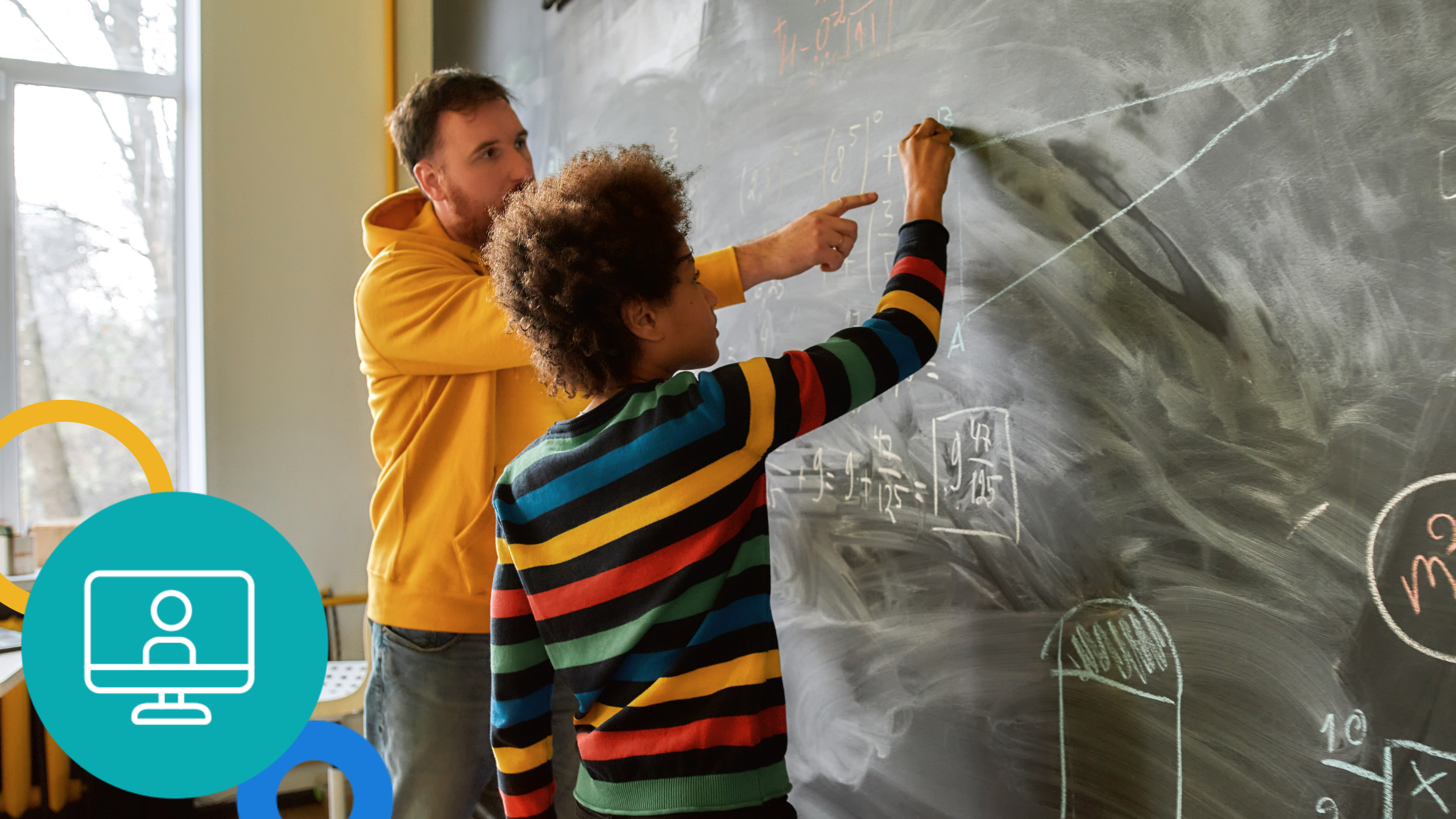 Teacher and student solving math equations on chalkboard webinar